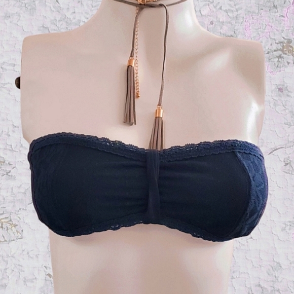 Hollister 50s Print Lace Bandeau w Padding In Navy Blue - Picture 1 of 11